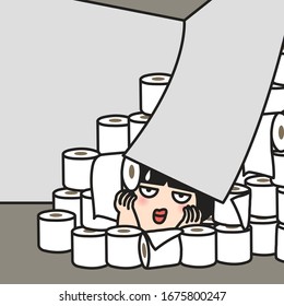 Stressed Girl Discovered A Big Piles Of Tissue Paper Inside The Walls. Stocking Up Toilet Roll For Week Of Isolation From Worldwide Pandemic, Virus Disease Acceleration Concept Character illustration