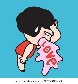 Niña Estresada Sintiendo Dolor De Cabeza Mientras Arrojaba Puke Vomitía Con Amor De Texto Rojo. Ilustración del carácter de la tarjeta de concepto de amor