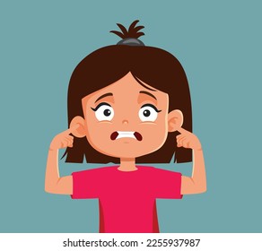 
Stressed Girl with Fingers in her Ears Vector Cartoon Illustration. Exasperated toddler covering her ears not to hear loud noises
