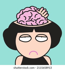 A Stressed Girl With Hand Trapped Inside Her Brain. To Be Trapped Inside Your Own Head And Thoughts Depression Concept Card Character illustration