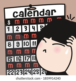 Stressed Girl Have The Same Feeling That Everyday Is Monday While Looking At Red Text M On Calendar Concept Card Character illustration