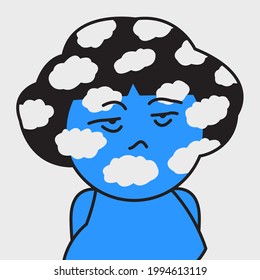 Stressed Girl With Her Clouded Head. Emotional Disorder Concept Card Character illustration