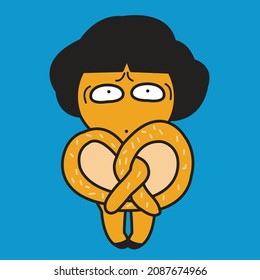 Stressed Girl With Her Interlocking Loops Of The Pretzel Shape Hands Concept Card Character illustration