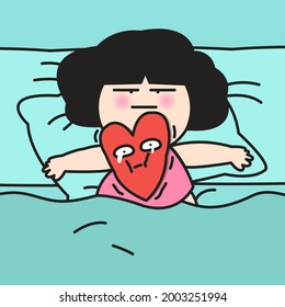 Stressed Girl With Her Sad Red Heart Lying In Bed. Mental illness Concept Card Character illustration