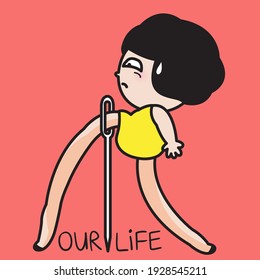 Stressed Girl With Long Legs Trying Hard To Pass Through The Eye Of The Needle. Threading A Needle of Life Concept Card Character illustration