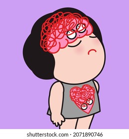 Stressed Girl With A Mess In Her Both Brain And Heart Concept Card Character illustration