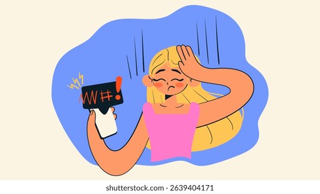 Stressed girl received hate negative comments on social media. Blogging, content creator concept. Cartoon isolated vector illustration.