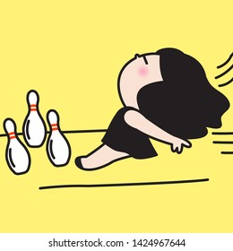 Stressed Girl Relieved Anxiety By Hitting Or Striking Bowling Pins In An Alley Lane Ownself Instead Of Using Ball Concept Card Character illustration