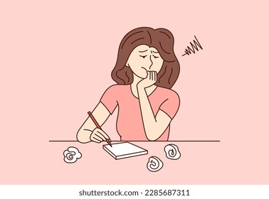 Stressed girl, sits at a table with crumpled papers and writes a story for a book. Depressed female writer without inspiration tries to work at home. Flat vector image