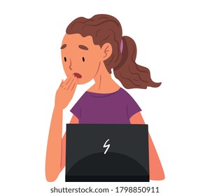 Stressed Girl Sitting in front of Computer, Female Office Employee Working Hard with Laptop Vector Illustration on White Background