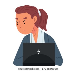 Stressed Girl Sitting in front of Computer, Annoyed Female Office Employee Working with Laptop Vector Illustration on White Background.