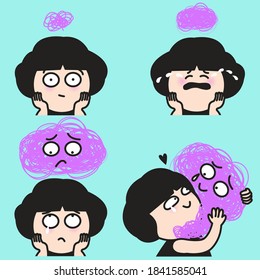 Stressed Girl With Tears On Eyes Hugging Her Own Speech Bubble With Tangled Line Inside. Self Love Concept Card Character illustration