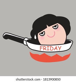 Stressed Girl With Tired Face Was Cooked In A Friday Skillet Concept Card Character illustration