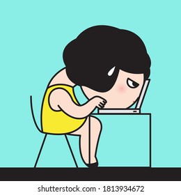 Stressed Girl With Tired Face Laying Her Head Down On Her Laptop At Office Concept Card Character illustration