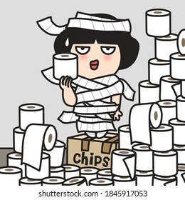 Stressed Girl Wrapped Up In Toilet Paper While Standing Among A Big Piles Of Them. Stocking Up On Tissue Papers For The Week Of Isolation Or Quarantine Period Concept Card Character illustration