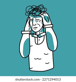 Stressed grandfather, emotion of anxiety, mint and white. Stressful mood of an old man, worried elderly human with tension, under stress and pressure. Holding hands on a head.
