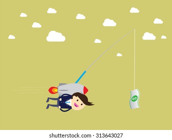 Stressed greedy businessman flying after money. Bait business. sky air fly. Cartoon flat design. Success. goal. Target. rocket. 