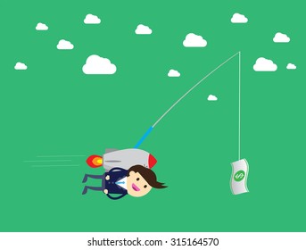 Stressed greedy businessman flying after money. Bait business. sky air fly. Cartoon flat design. Success. goal. Target. rocket.