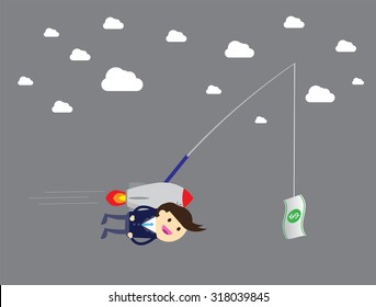 Stressed greedy businessman flying after money. Bait business. sky air fly. Cartoon flat design. Success. goal. Target. rocket.