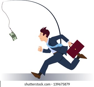 Stressed greedy businessman running after money, vector cartoon