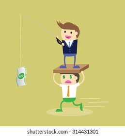 Stressed Greedy Businessman Running After Money, Vector Cartoon Flat Design. Business Man Fishing Concept,Conceptual Illustration With Fishing Businessman. Exploitation, Oppression,betrayal.oppressive