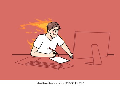 Stressed guy sit at desk work on computer try meet burning deadline. Distressed man hurry working in rush on PC finishing project. Overload and job burnout. Flat vector illustration. 