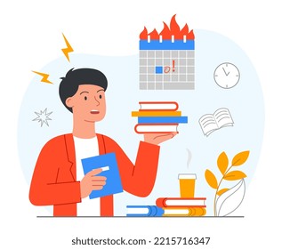 Stressed guy studying. Teenager with books in his hands preparing for test or examination. Poor time management and overdue deadline. Panic, stress and pressure. Cartoon flat vector illustration