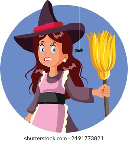 
Stressed Halloween Witch Holding a Broomstick Vector Cartoon illustration. Funny anxious girl dressed as a sorcerer for a costume party 
