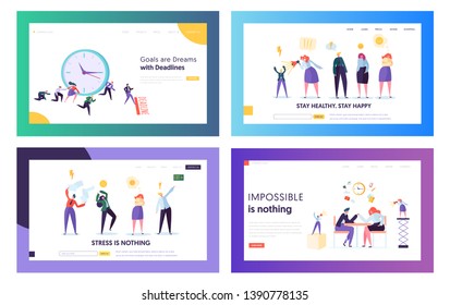 Stressed Hardworking Business People in Office Website Landing Page Templates Set. Employees Frustrated about Deadline, Working Hard in Lack of Time Web Page. Cartoon Flat Vector Illustration, Banner
