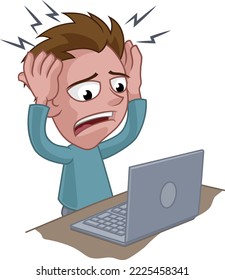 A stressed or headache man with a laptop cartoon