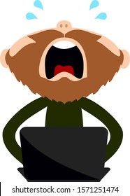 Stressed hipster business man sitting at crashed 404 laptop computer crying angst tears, needing tec support. 
