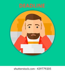 Stressed hipster businessman sitting at the table with stacks of papers and having problem with deadline. Deadline concept. Vector flat design illustration in the circle isolated on background.