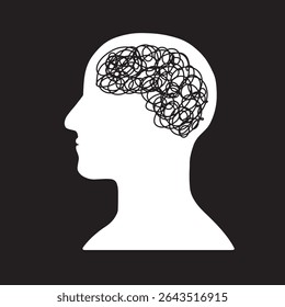 stressed human brain illustration on black background, minimalist human silhouette vector