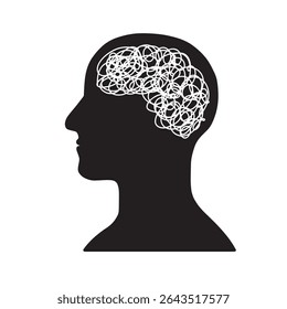 stressed human brain illustration on white background, minimalist human silhouette vector
