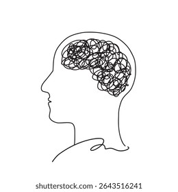 stressed human brain illustration outlined on white background, minimalist human silhouette vector