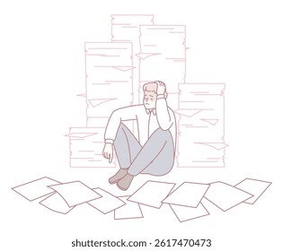 A stressed individual is overwhelmed by piles of documents, symbolizing the pressure from workplace challenges