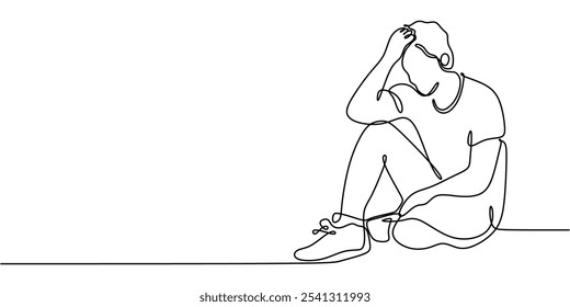 Stressed individual sitting depicted in a continuous one line drawing. Psychology concept. Hand-drawn minimalist design.