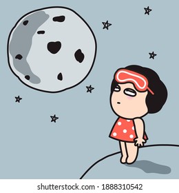 Stressed Insomnia Girl Looking At Insomnia Moon That Is Her Best Companion Under Night Sky Concept Card Character illustration