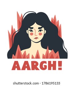 Stressed irritated woman, surrouded by fire. Overworked girl on the verge of psychological breakdown. Angry furious character. Vector hand-drawn illustration.