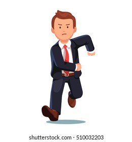 Stressed late business man with an angry face running fast toward the viewer. Flat style vector illustration isolated on white background.