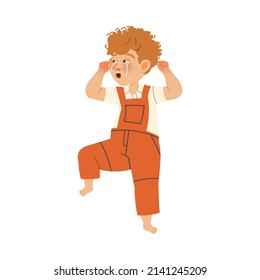 Stressed little boy covering his ears to stop hearing quarrel vector illustration