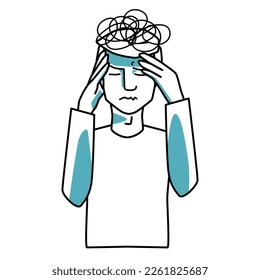 Stressed male character holding hands on his head, man closed his eyes. Stress mood, line art, half body hand drawn sketch style vector.