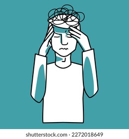 Stressed male character, mint and white, holding hands on his head, man closed his eyes. Stress mood, line art, half body hand drawn sketch style vector.