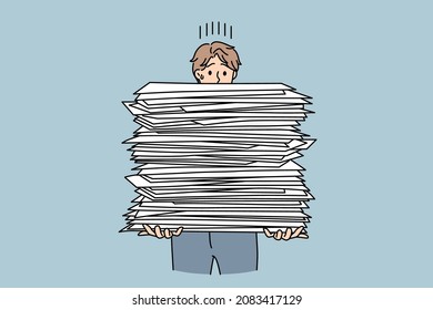 Stressed male employee with stack of paperwork overwhelmed with workload in company. Exhausted man worker tired with paper documents job. Bureaucracy, overwork. Vector illustration.