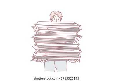 Empleado masculino estresado con un montón de papeleo abrumado con la carga de trabajo en la empresa. Hombre trabajador agotado cansado con documentos de trabajo en papel. Burocracia, exceso de trabajo. Ilustración vectorial.