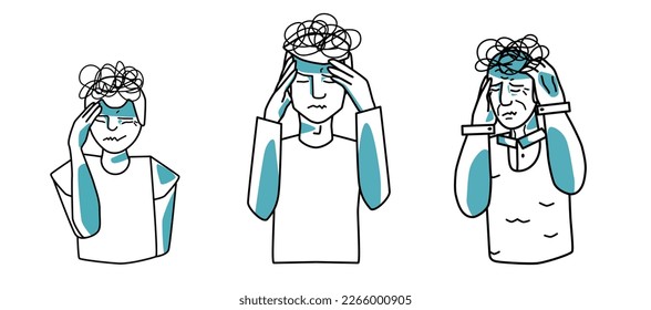 Stressed male set. Young, adult and old men suffer with stress, emotion of anxiety, cover head with hands. Line art drawing human characters, sketched style.