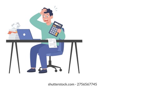 Stressed Man Calculating Bills on Tax Day, Financial Problem Debt Budget Anxiety Illustration