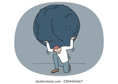 Stressed man carry heavy stone on shoulder overwhelmed with problem or task. Unhappy person hold rock or boulder suffer with overwork and responsibility. Burden concept. Vector illustration.