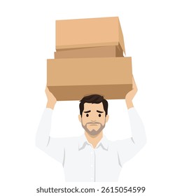 Stressed Man Carrying Cardboard Boxes. Flat vector illustration isolated on white background