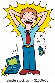 Hombre enfatizado: Caricatura de un hombre que dejó su laptop y teléfono mientras gritaba.
